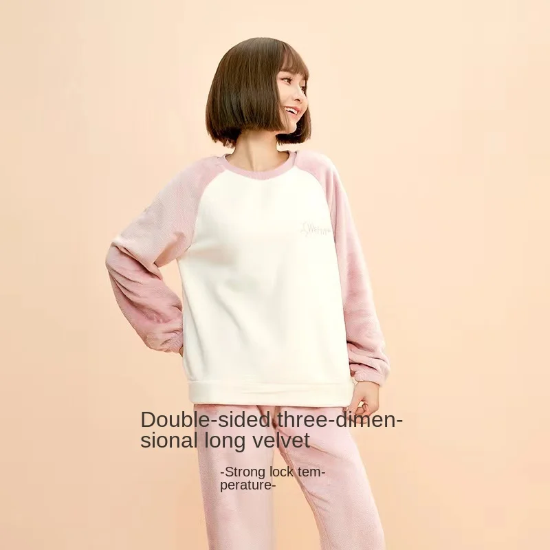 New Autumn Winter Warm Flannel Pajamas for Women Students Cute Plus Velvet Thicken Loose Sleepwear Set Coral Velvet Home Clothes