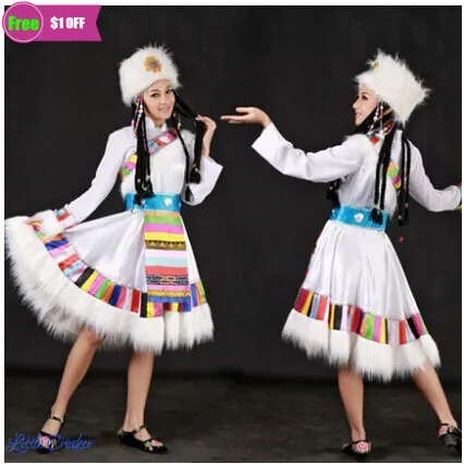 White Red Tibetan Mongolian Traditional Clothes Women's Ethnic Clothing Long Sleeved Fluffy Skirts Stage Dance Costume | Тематическая