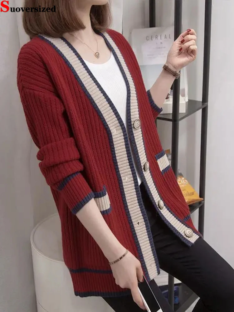 

Sweater Cardigan Loose Spliced Knitwears Coat Elegant Korean Casual Mid Length Malhas Outerwears New Fashion Soft Tops Jackets