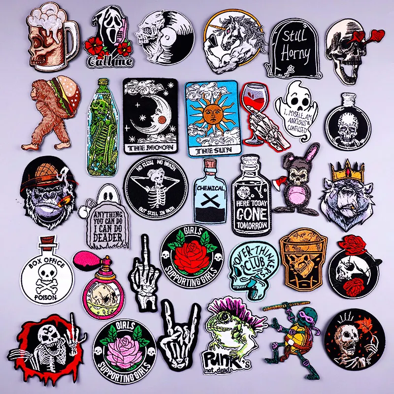

Skull Patch Iron On Embroidered Patches For Clothing Thermoadhesive Patches On Clothes Stickers Hook Loop Sewing DIY Applique