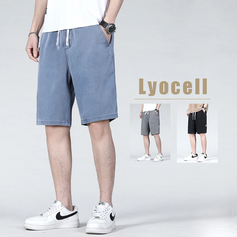

Summer Thin Men's Lyocell Denim Shorts Baggy Straight Drawstring Fashion Elastic Waist Casual Short Jeans Plus Size M-5XL
