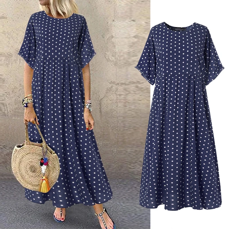 

Summer Vintage Long Dress Women Fashion Polka Dot Short Sleeve O Neck Loose Dresses Sundress Casual Female Pleated Robe Dress