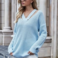 elegant solid colors knitted sweaters women v neck hollow out loose casual pullovers autumn winter street fashion warm sweaters