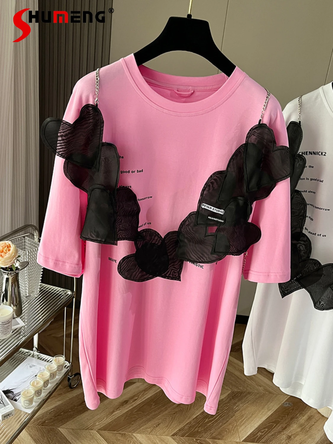 

Fashion Printed Letter Crew Neck Pink T-shirt 2022 New Summer Lace Sling Design Short Sleeve Tshirt Loose Pullover Top for Women