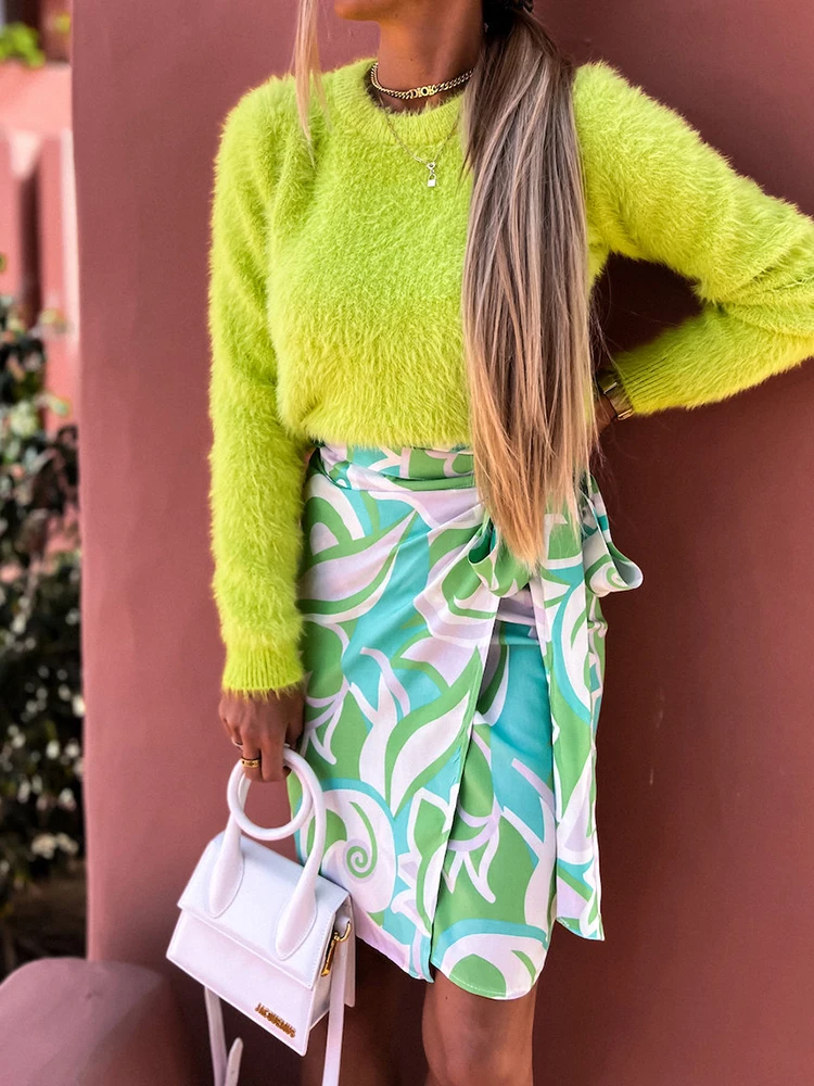 

Women's Print Green Wrap Skirt 2022 Spring Boho High Waist Bandage Fladas Female Leopard Elegant Irregular Bodycon Short Skirts