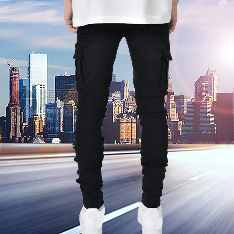 Men's Ripped Jeans Hole Trend Black Slim Jeans Multi Pockets Zipper Denim Trouser Fashion Streetwear Cargo Pants Men