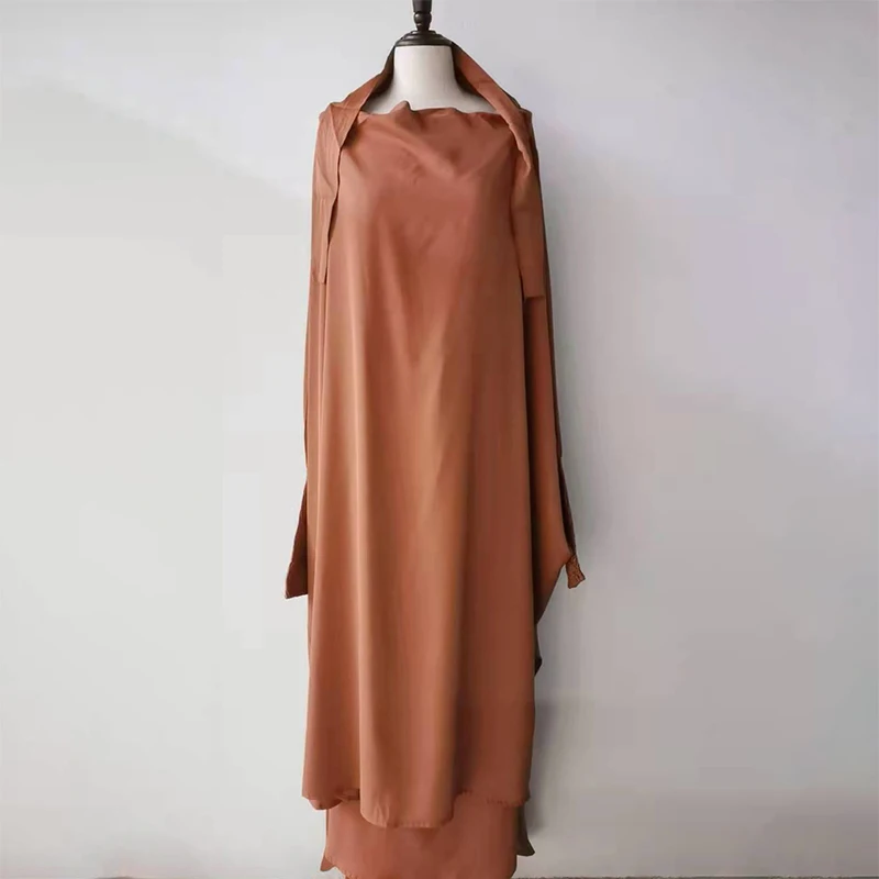 Solid Color Hooded Muslim Women Hijab Dress Eid  Ramadan Islamic Jilbeb 2 Piece Set Islamic  Long Dresses Muslim Saudi Robe