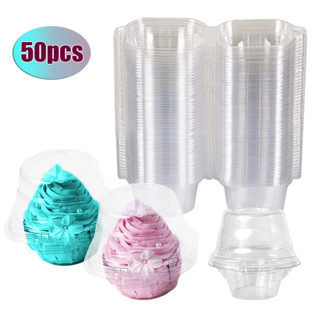 

50 PCS Plastic Cupcake Case Container Disposable Fruit Box Cupcake Case Muffin Pods Dome Cups Cake Boxes Gifts Container