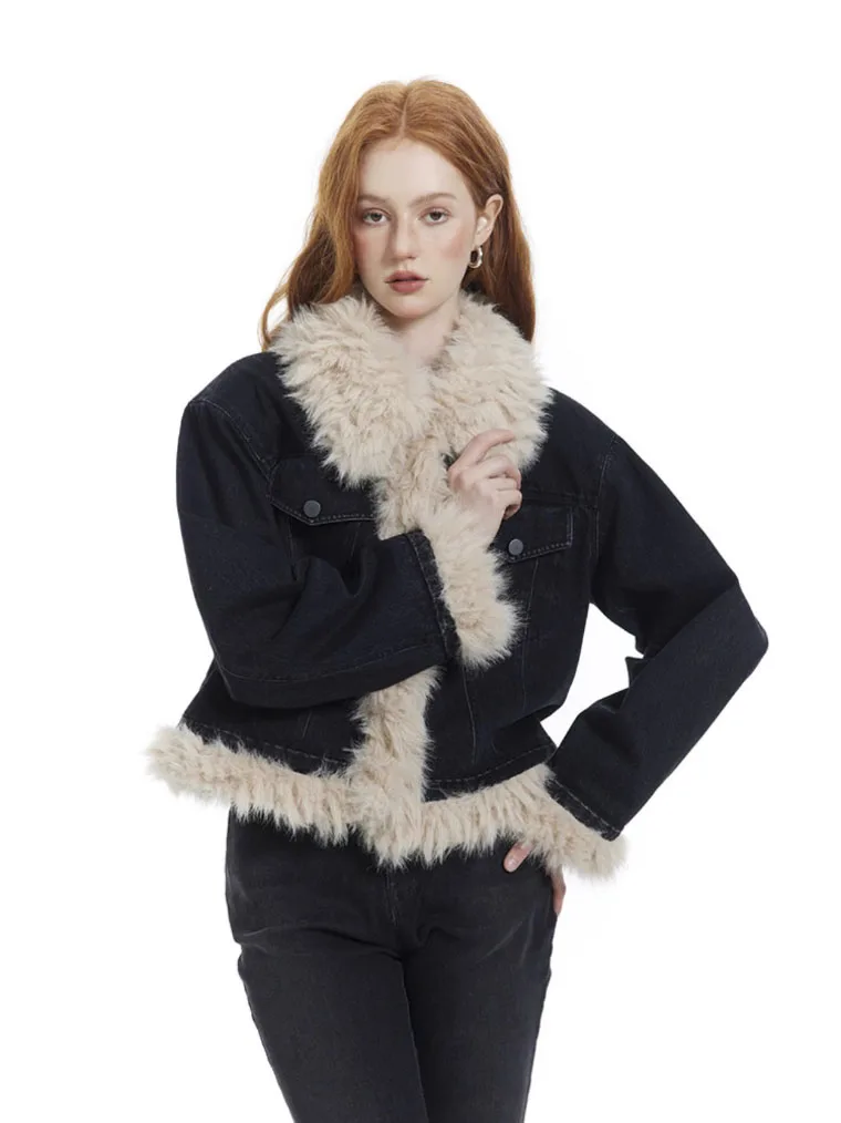 

Y2k эстетичное черное джинсовое пальто, джинсовая Меховая куртка в стиле Харадзюку, зимнее пальто в стиле пэчворк, винтажный теплый топ