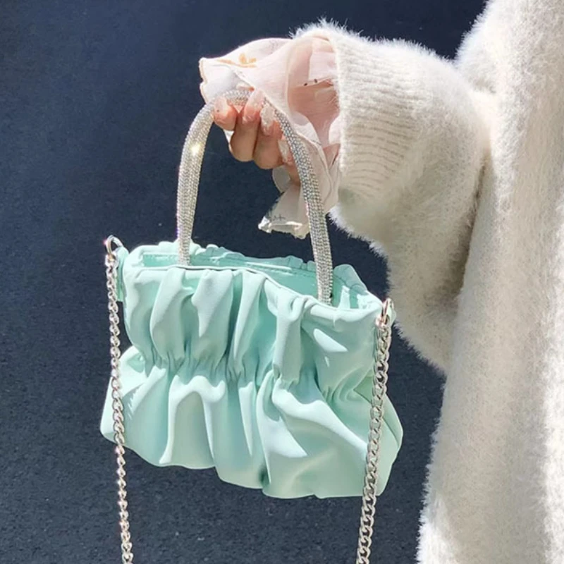 

Luxury Designer Pleated Tote Bag for Women Fashion Rhinestone Chain Crossbody Bags Wedding Party Ladies Square Shoulder Bags