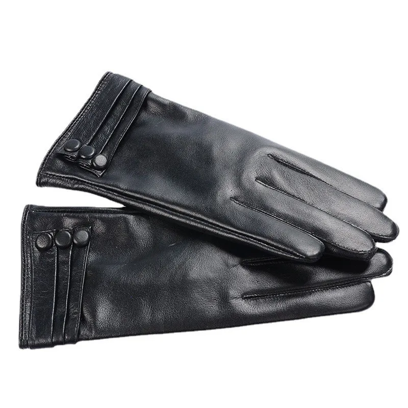 Real Leather Gloves Female Button Style Velvet Lining Warm Autumn and Winter Free Shipping Sheepskin Gloves