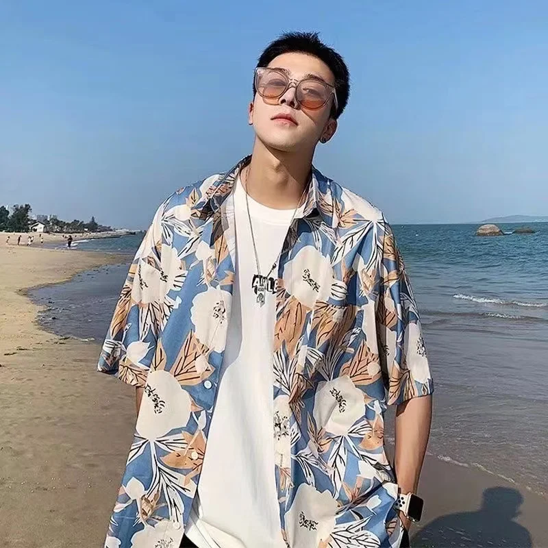 

2023 Summer Men's New Short Sleeved Flower Printing Shirts Fashion Trend Vintage Lapel Collar Beach Casual Handsome Shirts