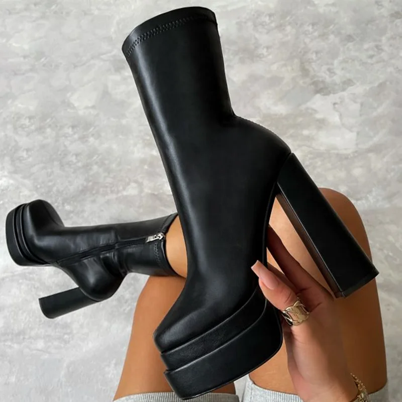 Green Double Platform Short Boots Solid Leather Side Zip Great Quality Ankle Boots Thick Heel Shoes Large Size 45