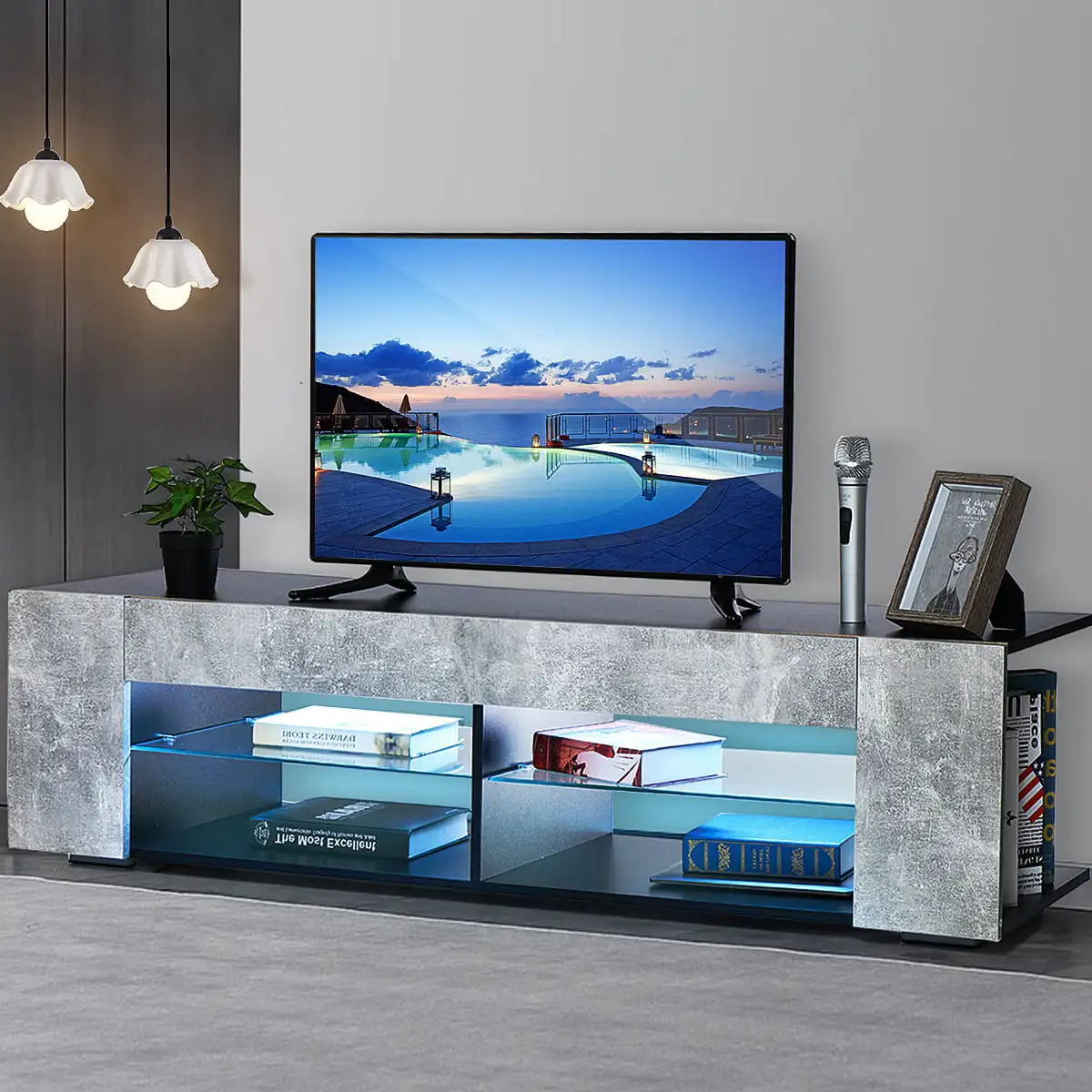 

Stand Cabinet for TVs to 65", with Side Bookshelf and 4 Open Shelves