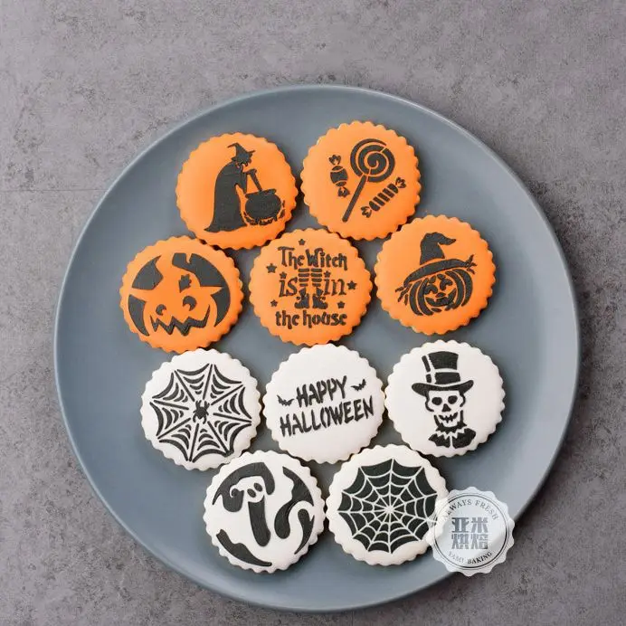 

Happy Halloween Cookies Stencil Cutter Coffee Cake Stencils Template Biscuits Fondant Mold Cake Decorating Tools Bakeware