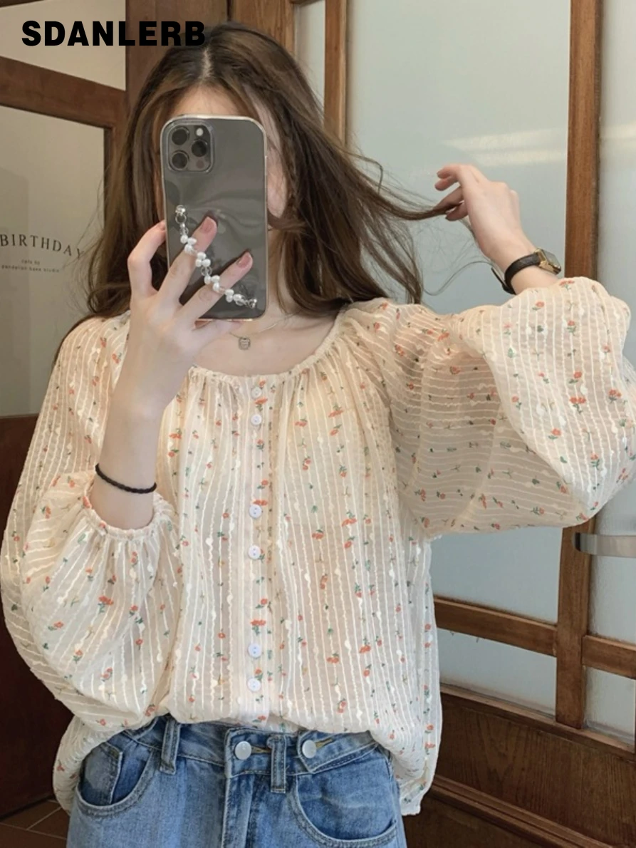 

Early Spring and Autumn Simple Chiffon Floral Shirt Women's Loose Long Puff Sleeve Top Elegant Fashion Printed Camisas Blouse