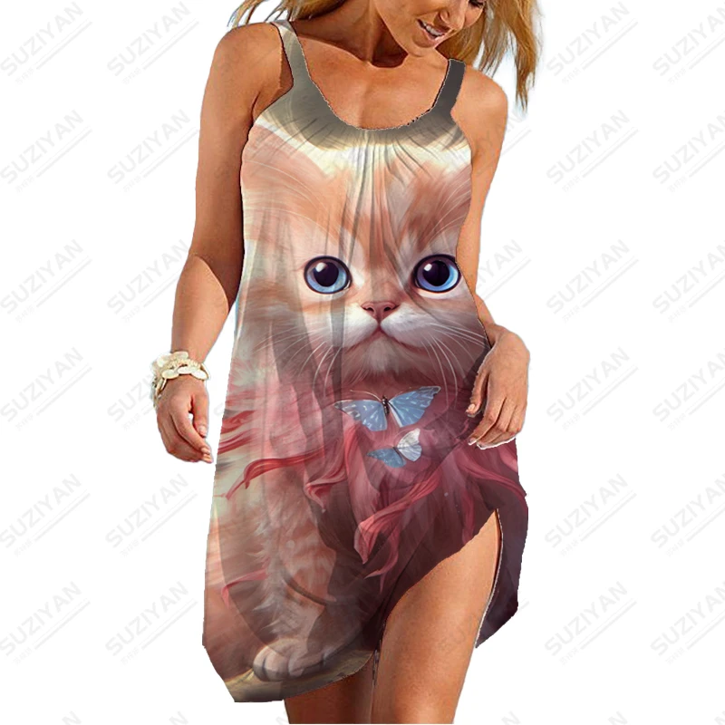 

Hot Ladies In Summer Sleeveless Suspender Dress High -quality 3D Cute Cat Printed Dress Street Casual Fashion Suspender Dress