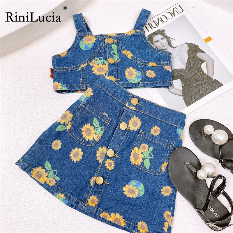 

RiniLucia Kids Baby Girl Clothes Set Tops Denim Floral Sleeveless Shirt Crop A-Line Skirt New Summer Casual Outfit Sets Girls