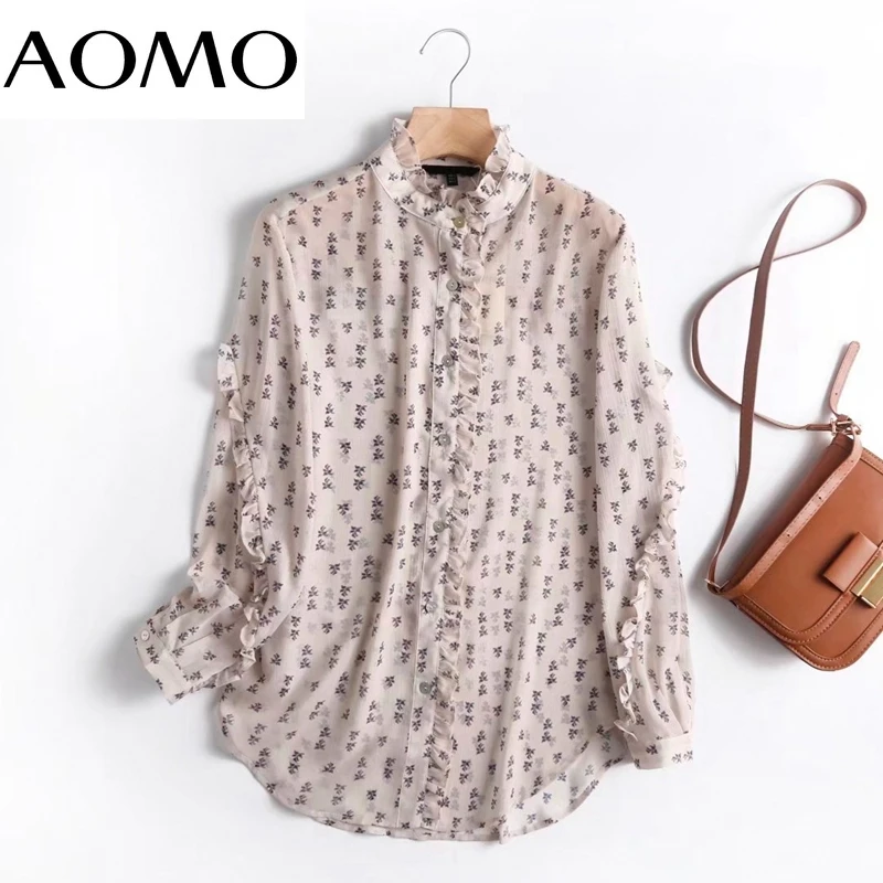 

AOMO 2021 Women Ruffles Flowers Print Romantic Blouse Shirt Long Sleeve 2021 Chic Female Shirt Tops 4C126A