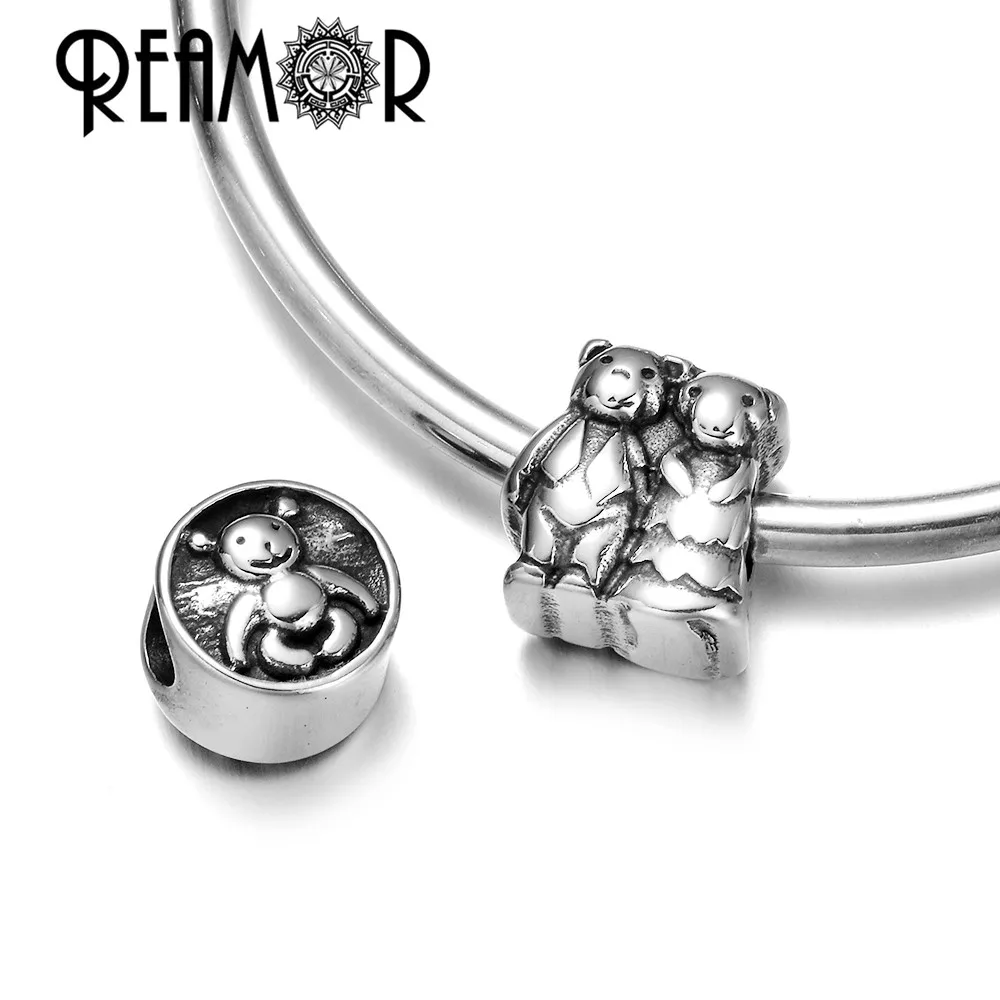 

REAMOR 316l Stainless Steel Family Couple Baby Bear Spacer Charm European Beads For DIY Bracelet Animal Jewelry Accessories