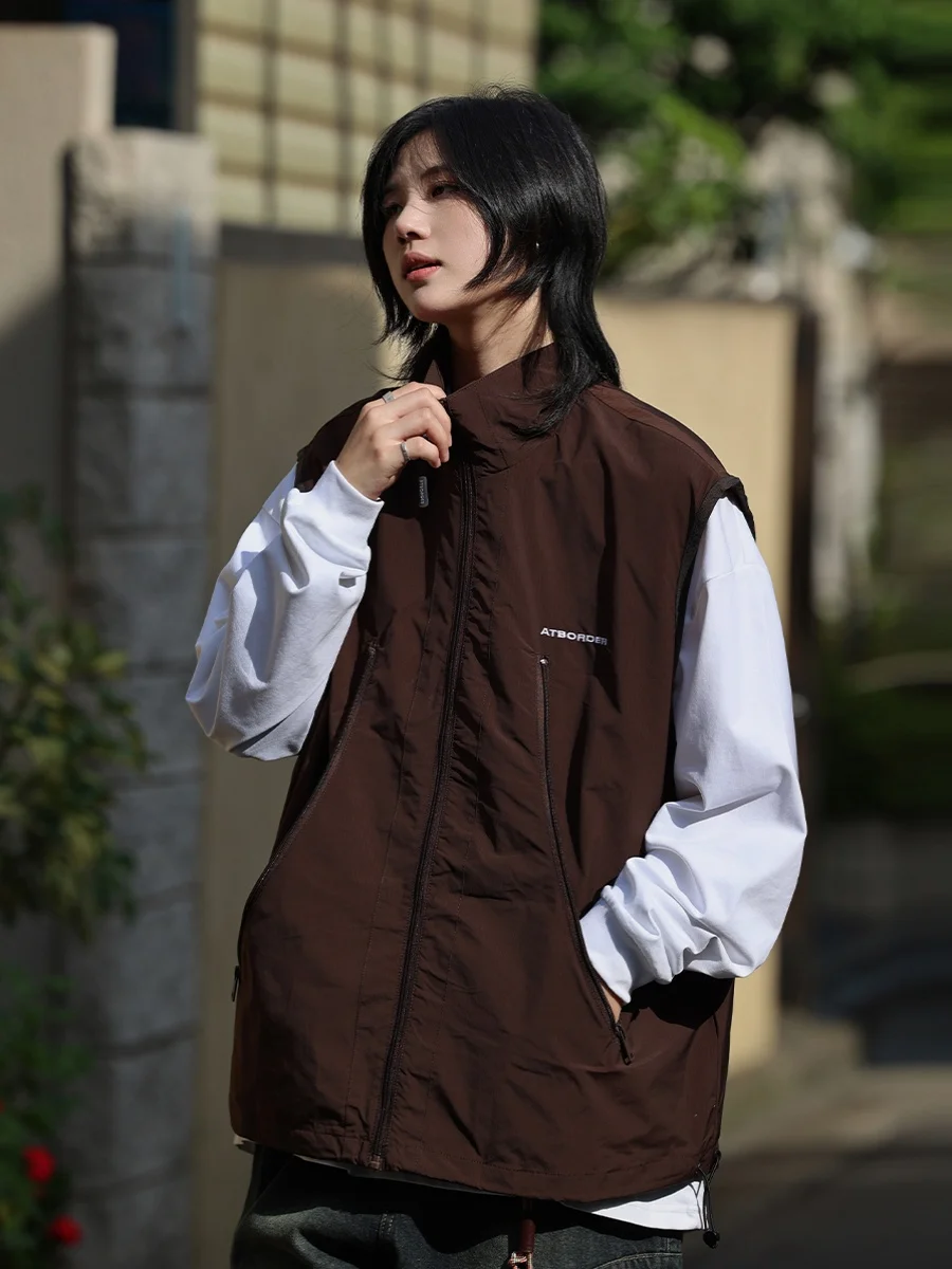 Your First Love Lao Wang Japan fashion Retro Waistcoat Vest Men's Fashion Brand Stand Collar Drawstring Curve Zip-up Pocket E...