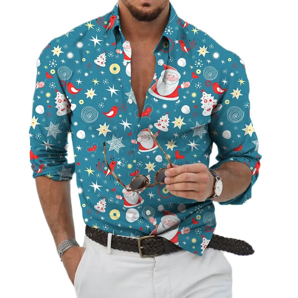 Autumn 2022 New 3D Christmas Print Single breasted Long Sleeve Shirt Holiday Party Top Men's High Quality Street Dress S-6XL
