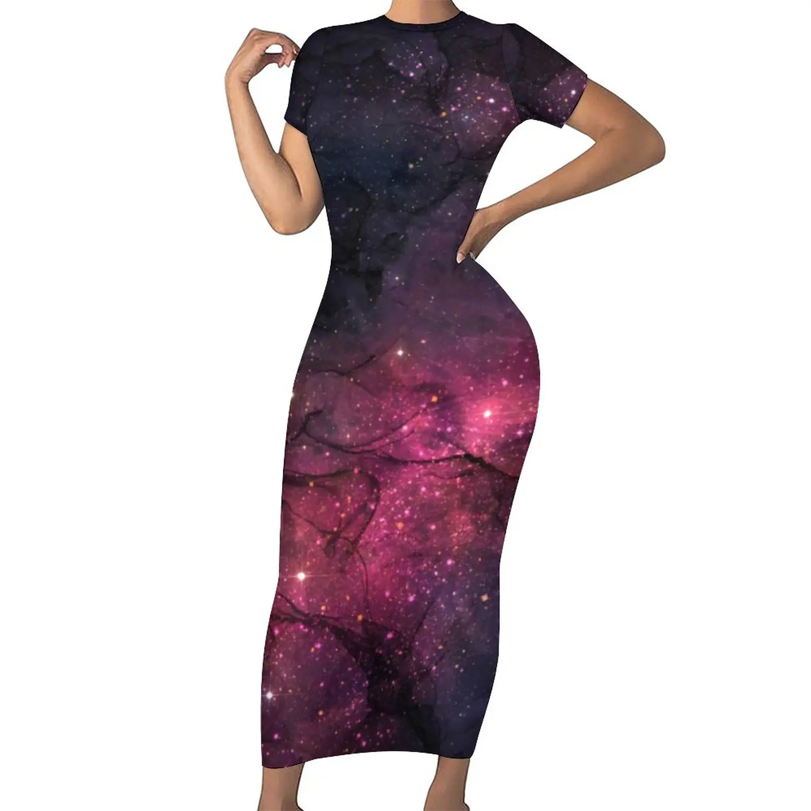 

Starry Star Outer Space Bodycon Dress Spring Galaxy Planetary Stars Vintage Maxi Dresses Short Sleeve Graphic Aesthetic Dress