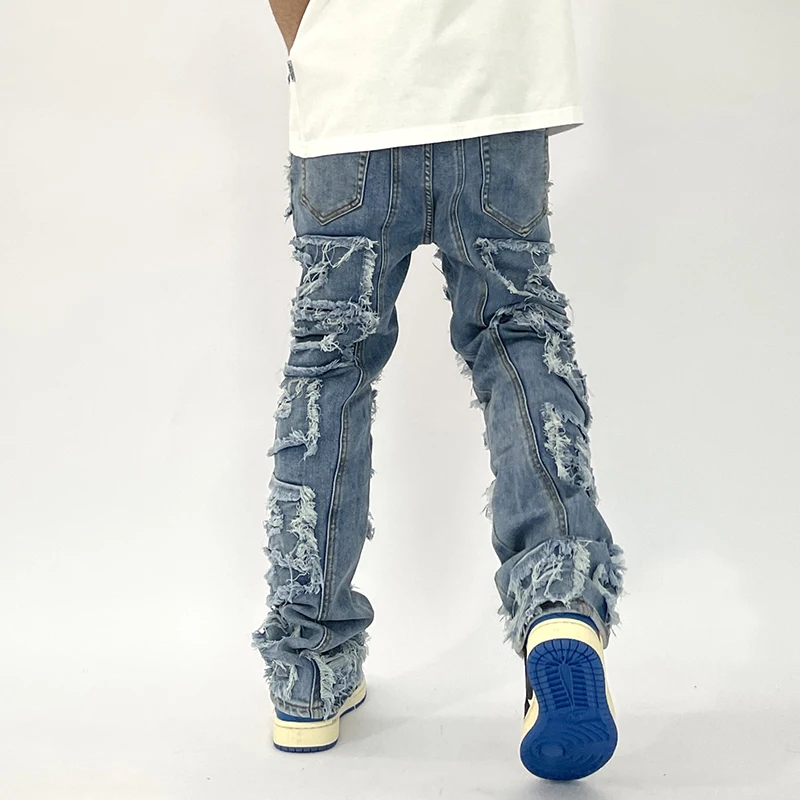 Hip Hop Loose Denim Trousers Vibe Style Casual Jean Pants Retro Hole Ripped Distressed Jeans for Men Straight Washed Harajuku