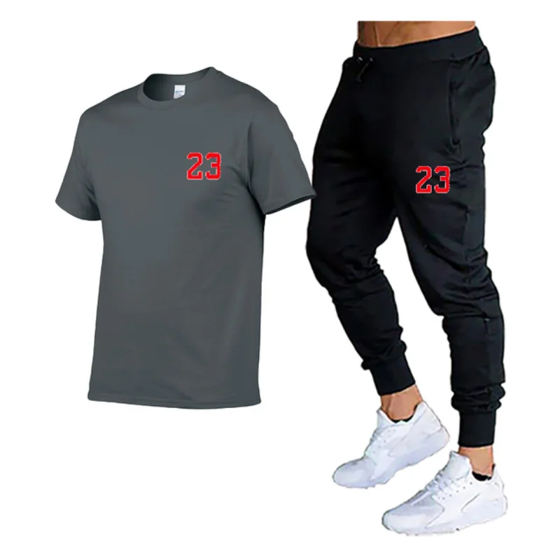 2023 Fashion All-match Men's Sports Suit Men's Casual Suit Spring And Summer Brand Short-sleeved Top + Trousers 2-piece Suit