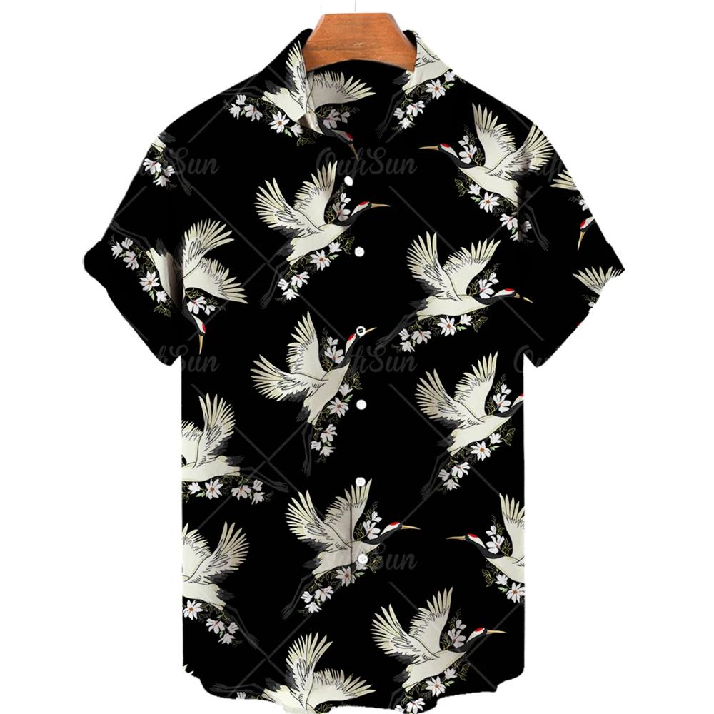 

2022 3d Print Shirt Crane Pattern Beach Hawaiian Shirt Summer Short Sleeve Streetwear Oversized Chemise Homme Camisa Masculina