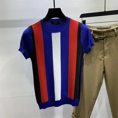 

Short-sleeved sweater striped men's Korean T-shirt sweater half-sleeved skinny