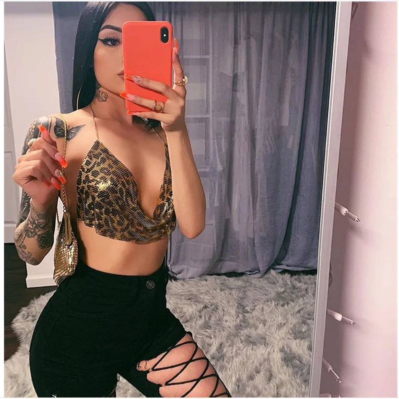 

2022 NEW Beach Tank Metal Leopard print Chain Tops Summer Glitter Backless Tank Top Women Sexy Club Sequin Bar Party Wear Adjust