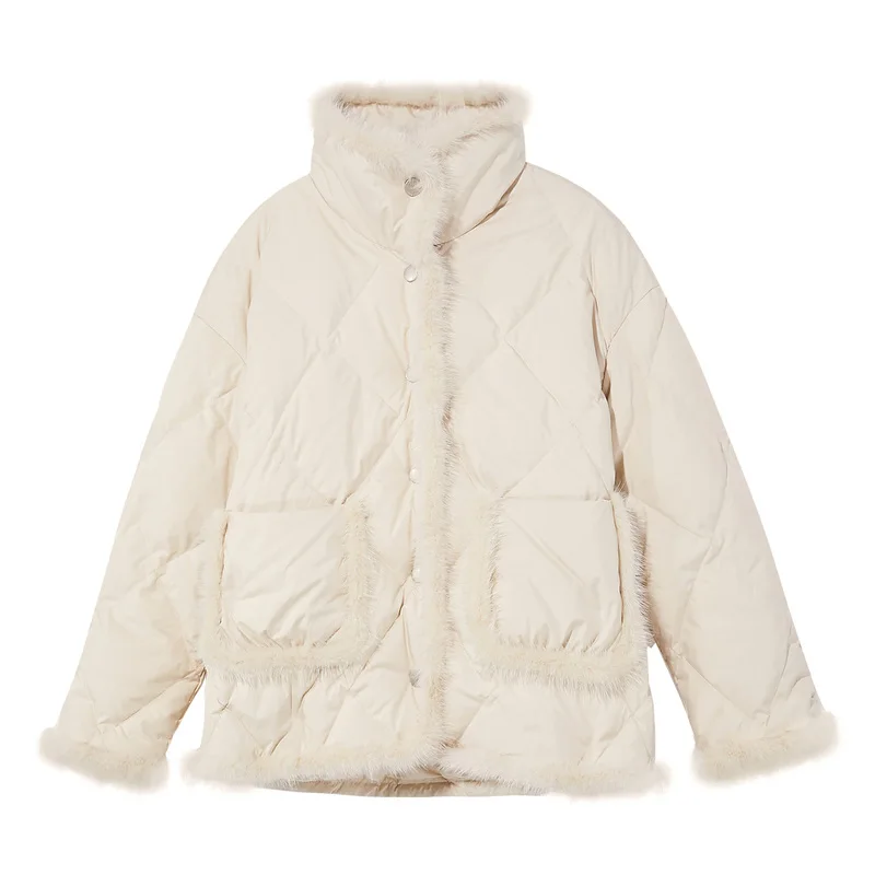 Winter New Vintage Short Light Feather Jacket Women 90% White Duck Down Coat Splicing Real Fur Outwear Retractable Hem