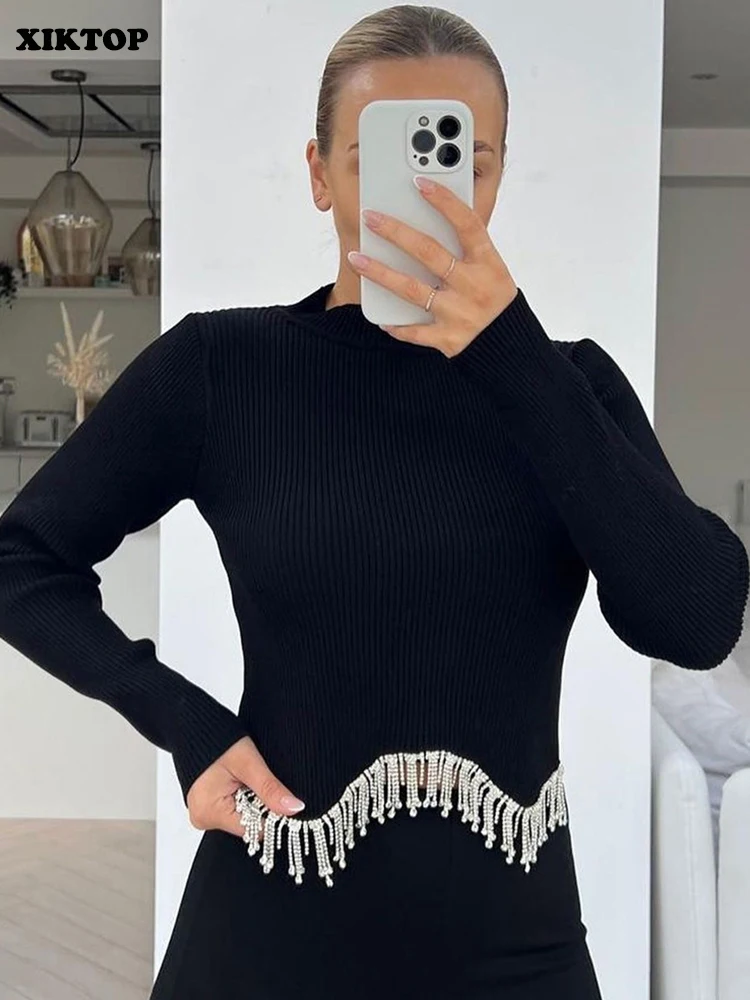 

XIKTOP цепочка однотонная женская одежда в рубчик стильная тонкая одежда Y2K модный короткий топ с полувысоким воротником Повседневная Уличная...