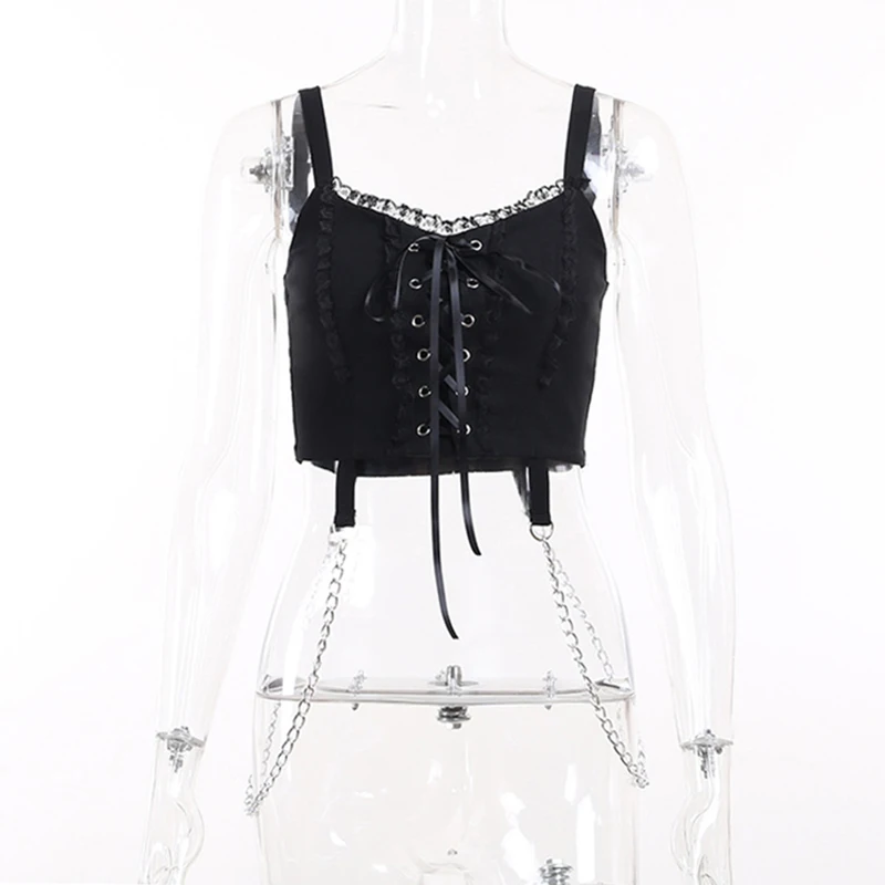 

Europe Dark Academia Spaghetti Strap Goth Lace Patchwork Backless Vest Top for Women Streetwear Cropped with Chain Lace-up Tee