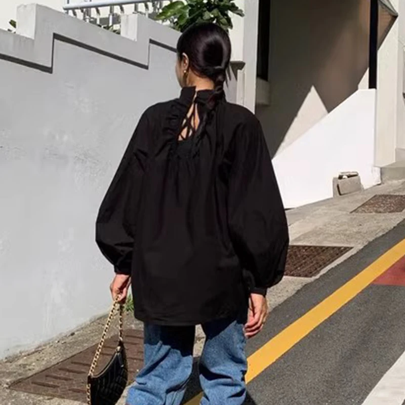 Рубашки и блузки с вырезами на спине со стоячим воротником шнуровке женская