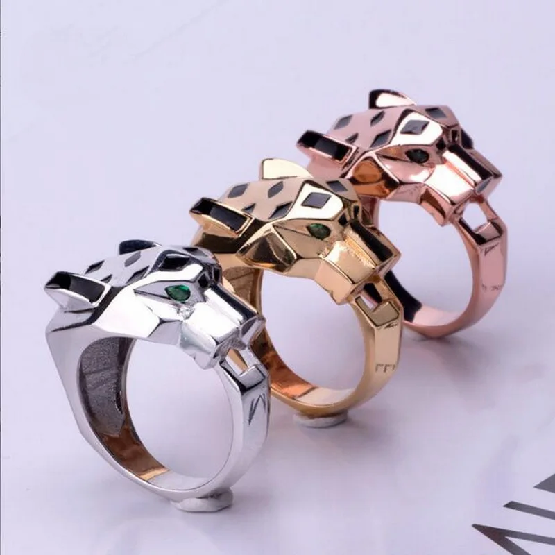 

Europe America Luxury Fashion Style Men Women Lady Black Spots Leopard Head Plated Gold Color Lovers Ring US6-US9