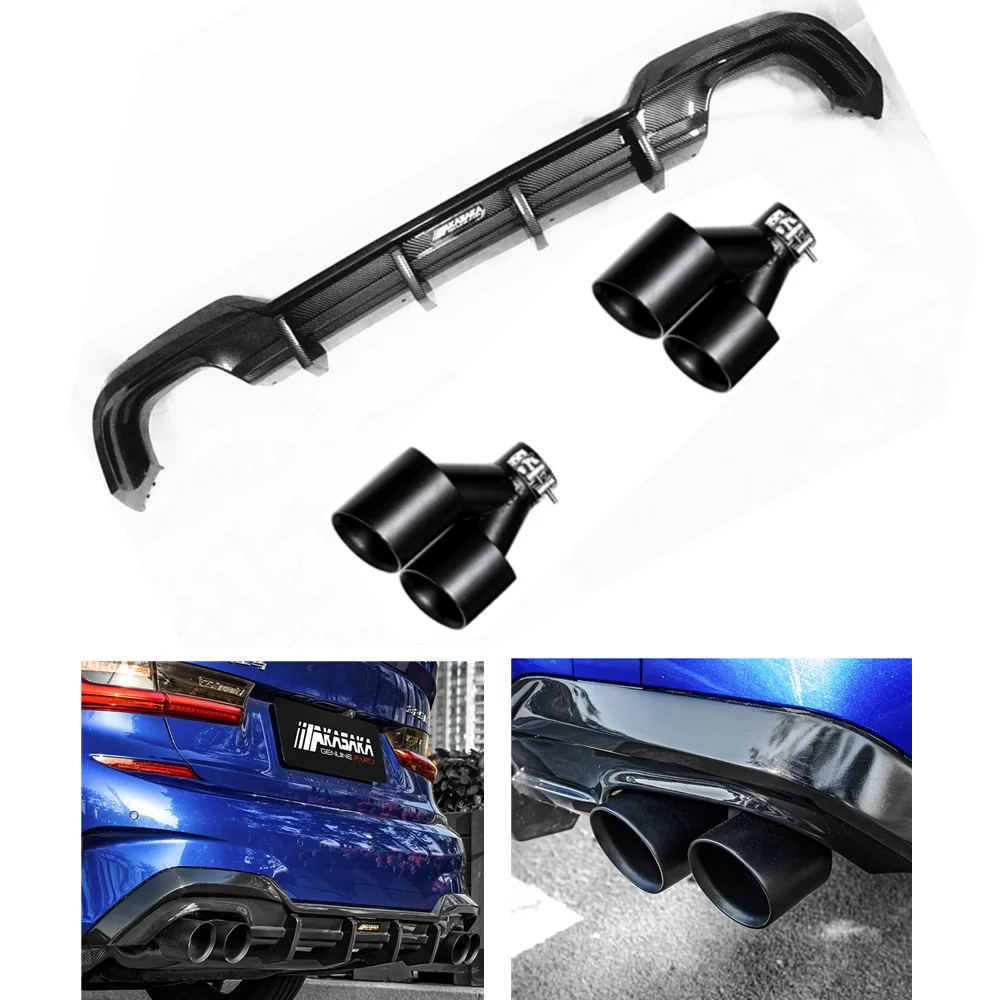 Muffler Tip Exhaust Pipe & Rear Bumper Diffuser Lip Trim For BMW G20 325i 325LI 2020 M Sport AKASAKA