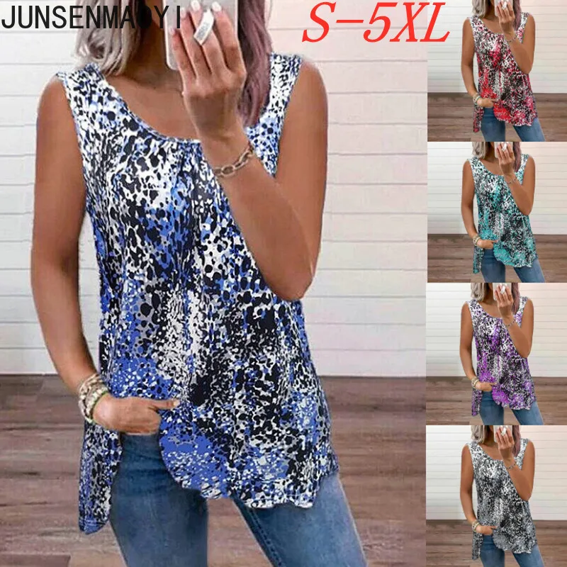 

Женская футболка с леопардовым принтом, Повседневная Свободная футболка без рукавов с V-образным вырезом, лето