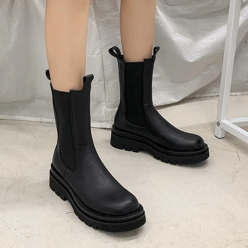 

Ochanmeb Ins Hot Trendy Martins Boots Women Flat Platform Round Toe Chelsea Boots Brand Mid-calf Boots Autumn Winter Shoes Beige