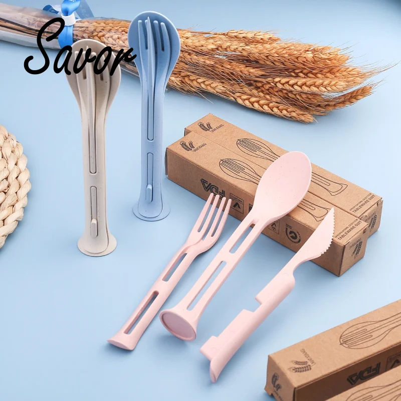 

3 in 1 Travel Cutlery Portable Cutlery Box Japan Style Wheat Straw Knife Fork Spoon Student Dinnerware Sets For Outdoor Camping