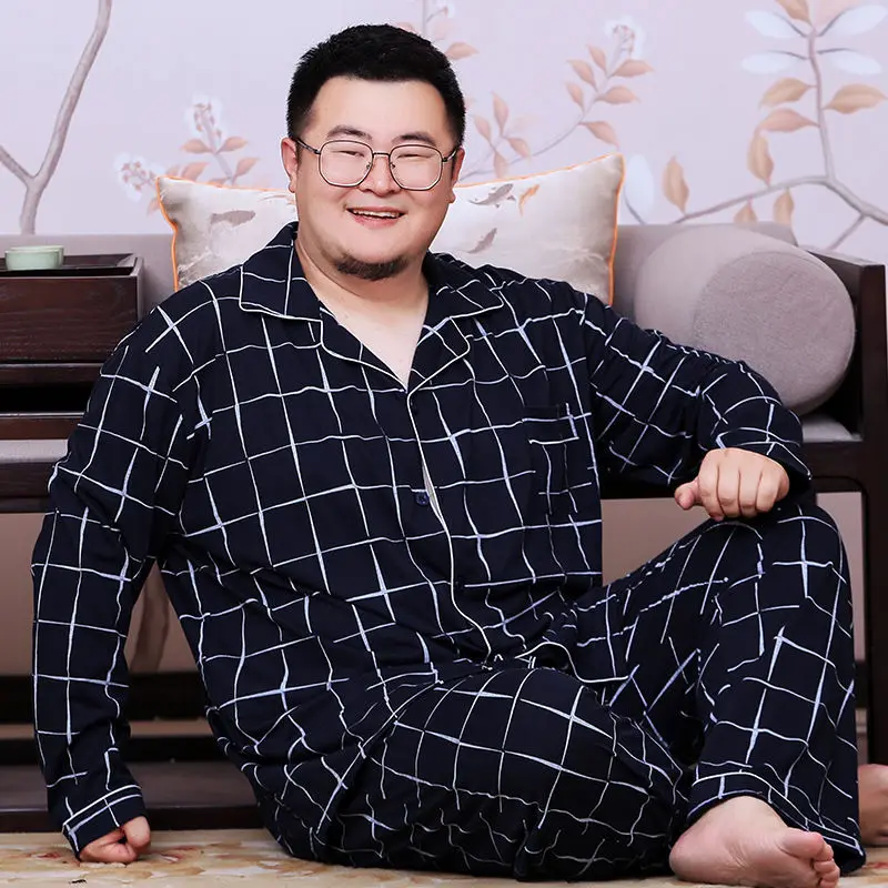 2023 Fat man age season fertilizer plus-size men printed pajamas long-sleeved pants fat loose leisurewear suit