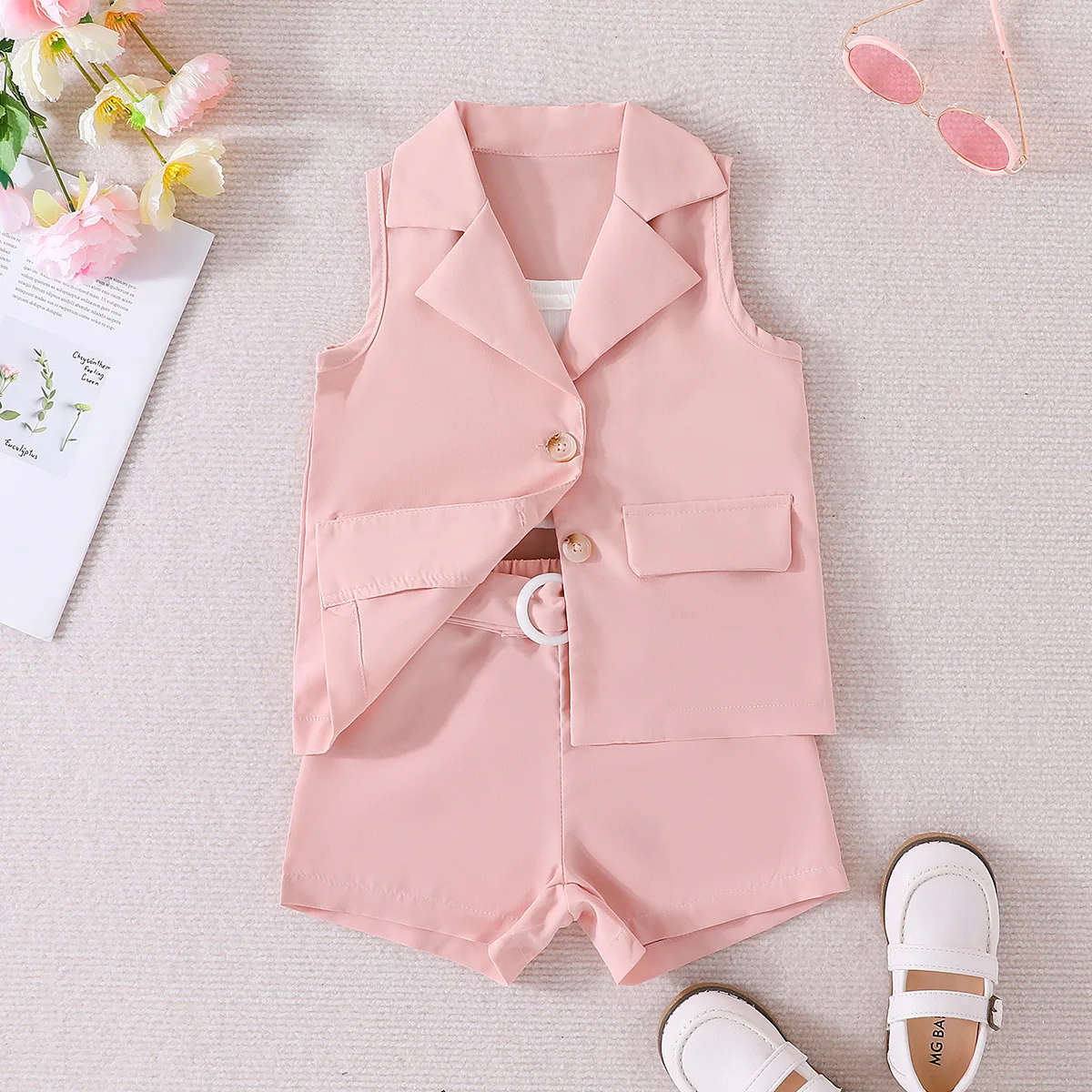 

2023 Summer Child Clothes Sets Sleeveless Turn-down Collar Belt Rose Red Cute 2 Piece Sets Designer Girls Clothes Sets 3-7T