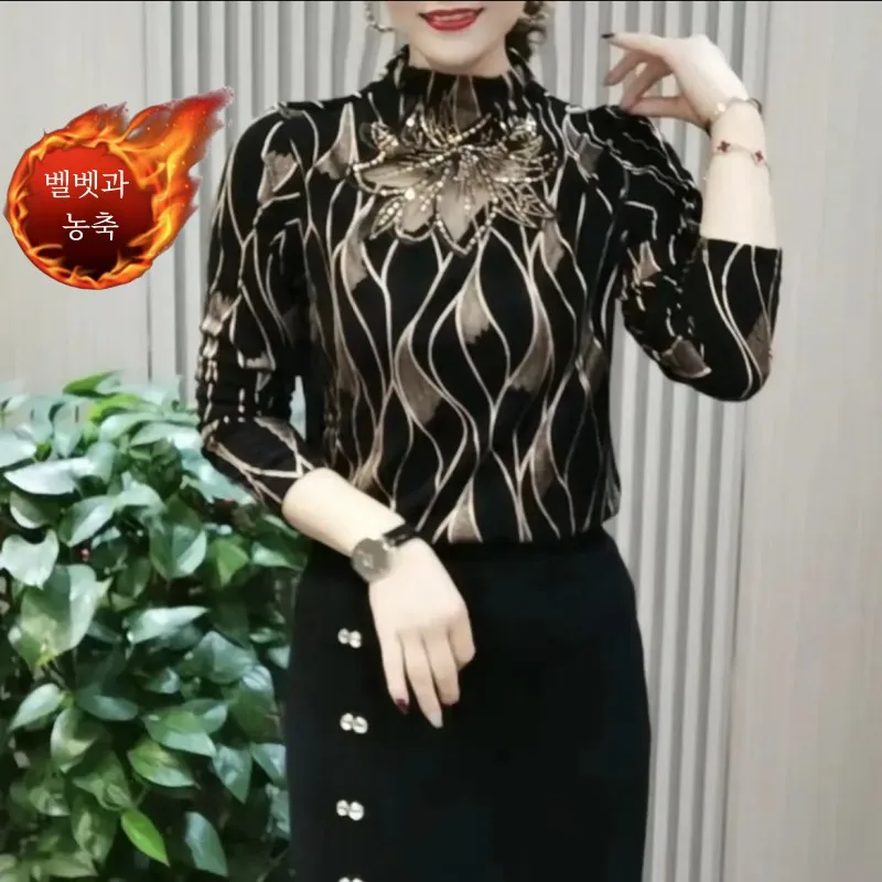 Spring Autumn and Winter New Hot Drilling Warm Fleece-lined Bottoming Shirt Women Western Sle All-Matching Half-high Colla...