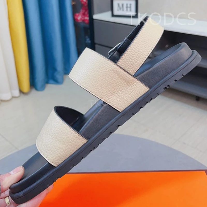 

Men Non Slip Beach Sandals Fashion Metal Buckle Flat Sandals Tide Casual Real Leather Slippers Man Gladiator Sandals Cozy Slides