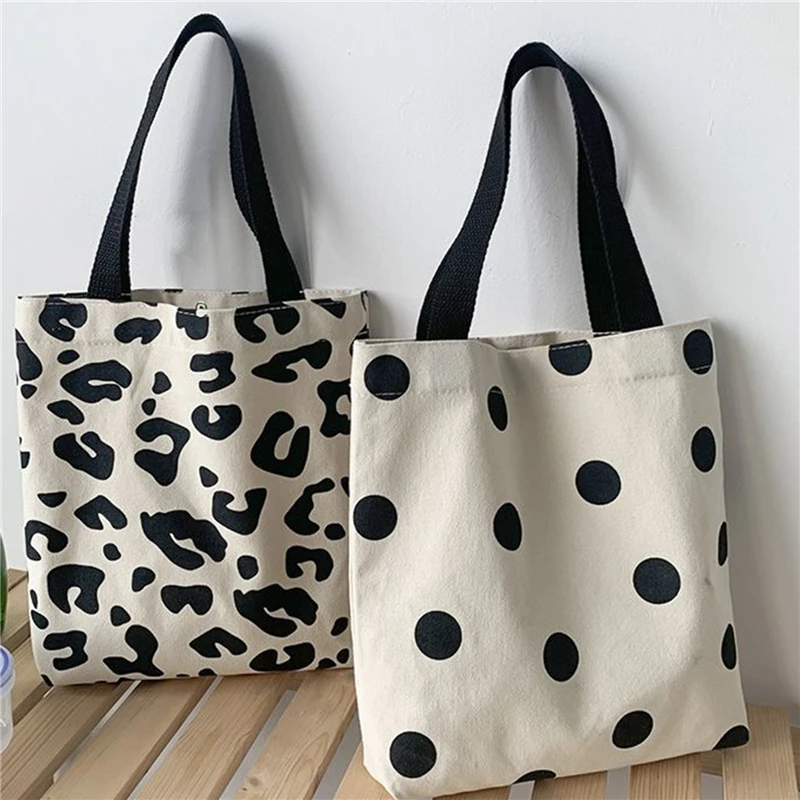 

French Retro Dot Women Canvas Handbags Fashion Smiley Ladies Picnic Bucket Bag Reusable Cotton Portable Lunch Box Bags Purses