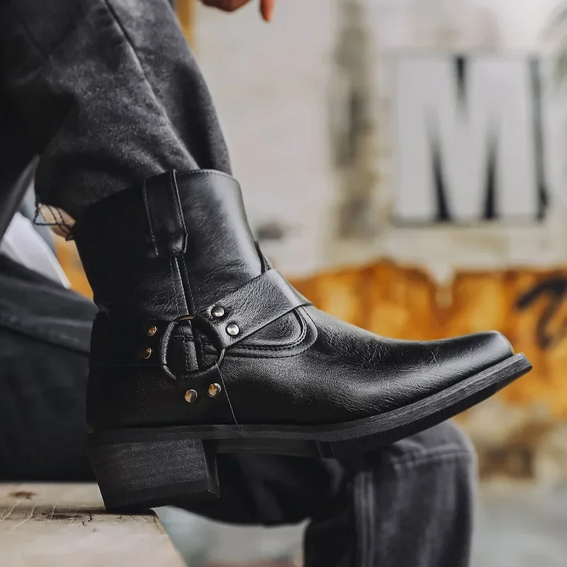 Рыцарские ботинки для мужчин ковбойские сапоги в стиле вестерн мужские кожаные