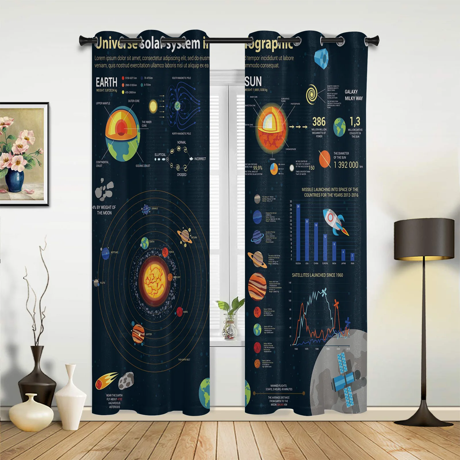 Planet Rocket Earth Satellite Curtains for Bedroom Living Room Drapes Kitchen Children's Room Window Curtain Modern Home Decor