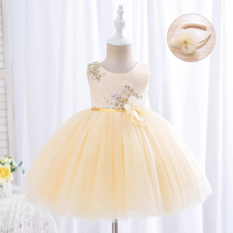 

Girl Dress Hairband Princess Girls Onesies Sleeveless Toddlers Party Dresses Big Bow Floral Dress for Girl Baby 2 years old Girl