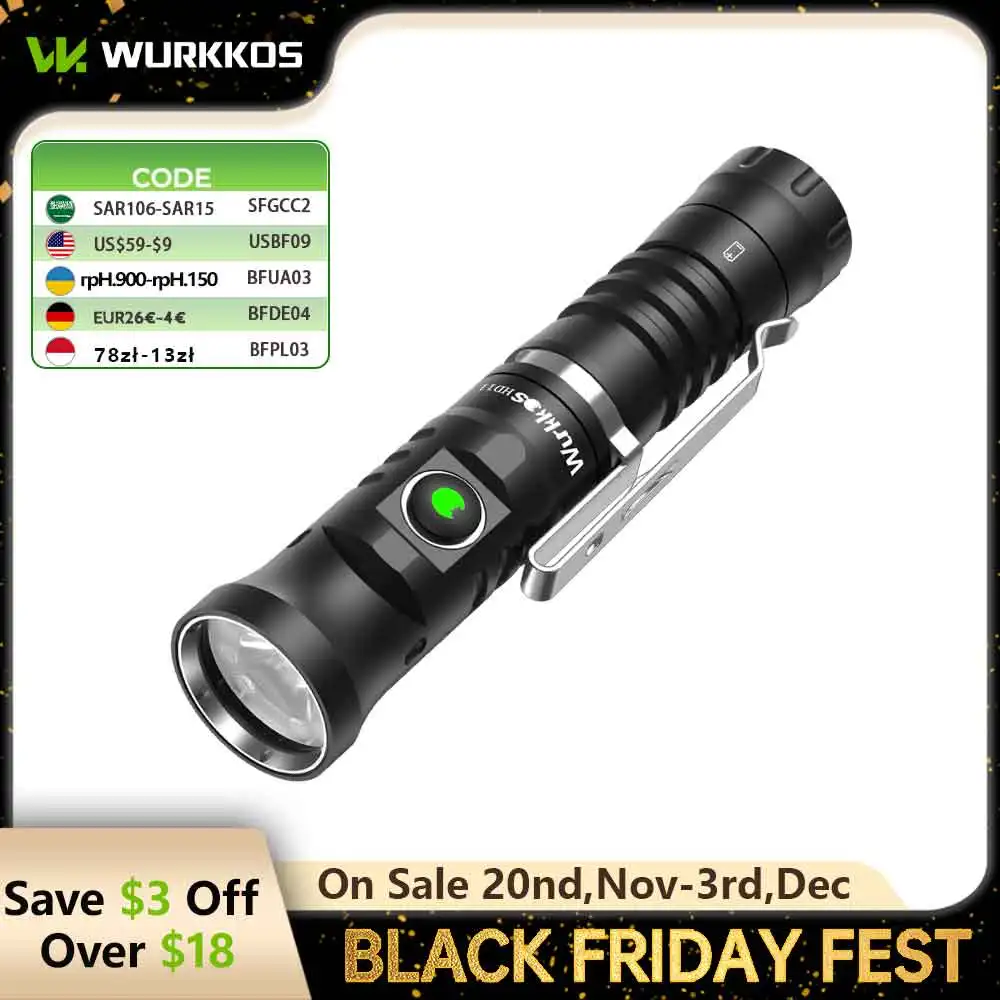 

Wurkkos HD11 90° вращающийся фонарик 1800LM